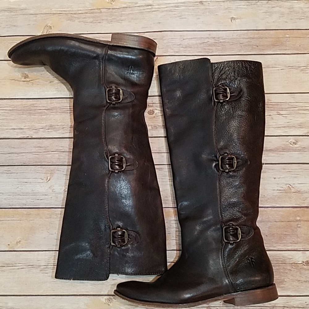 Frye brown triple buckle riding boots